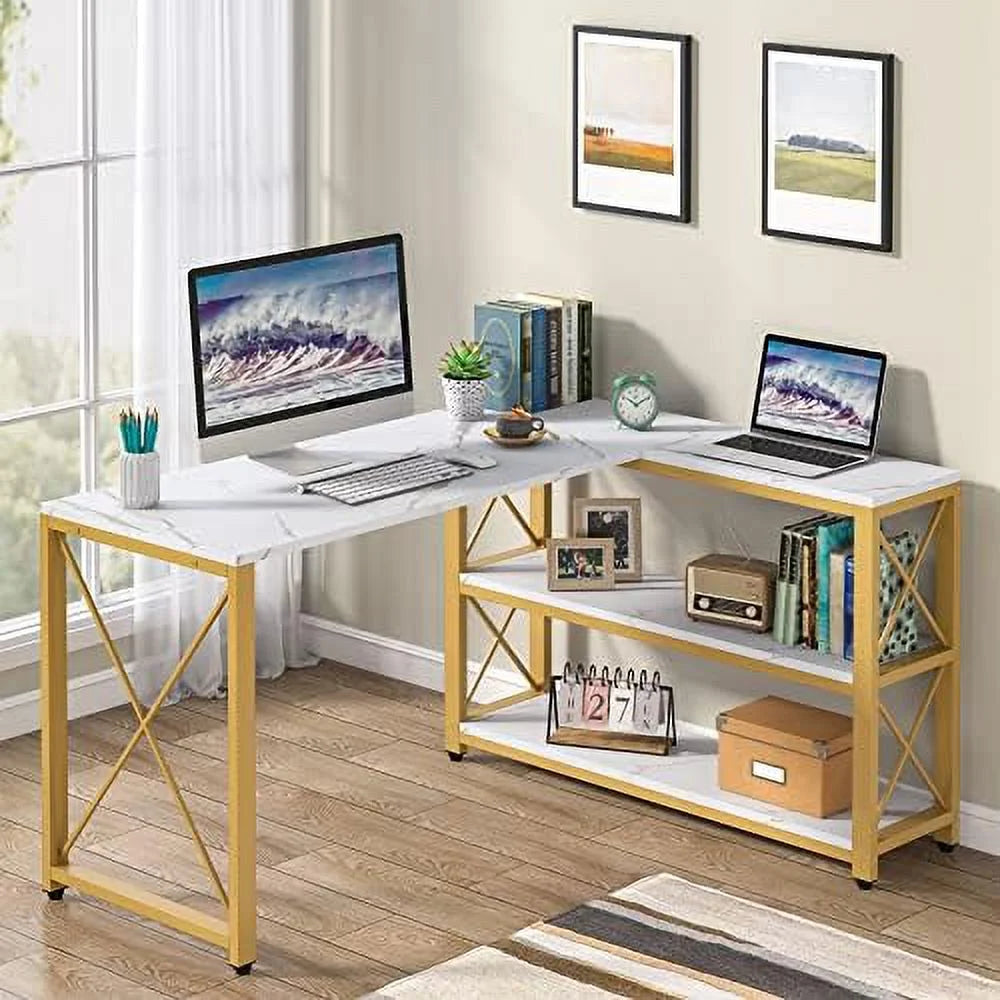 Reversible L-Shaped Corner Computer Desk with Shelves V910872