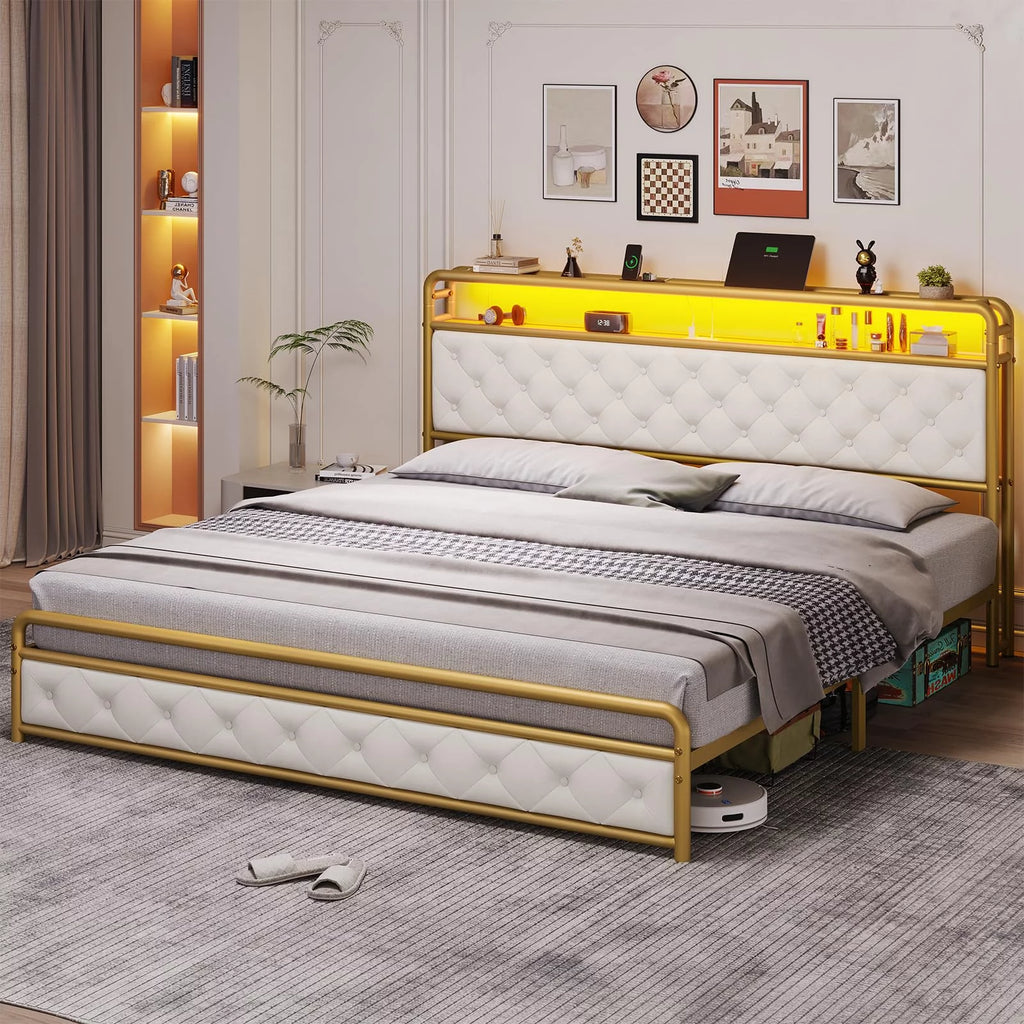 King Bed Frame with Storage Headboard and USB-C Charging Station B56834