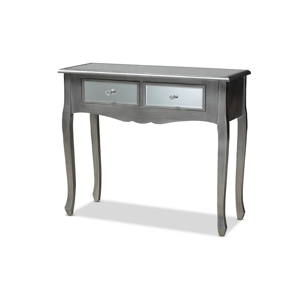 Brushed Wood and Mirrored Glass 2-Drawer Console Table V745