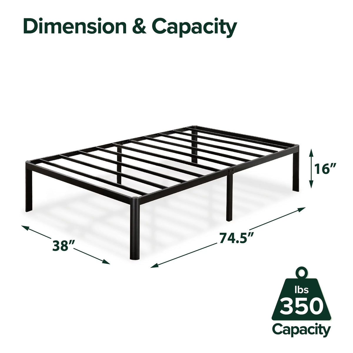 16" Metal Platform Bed Frame with Steel Slats, Twin N880