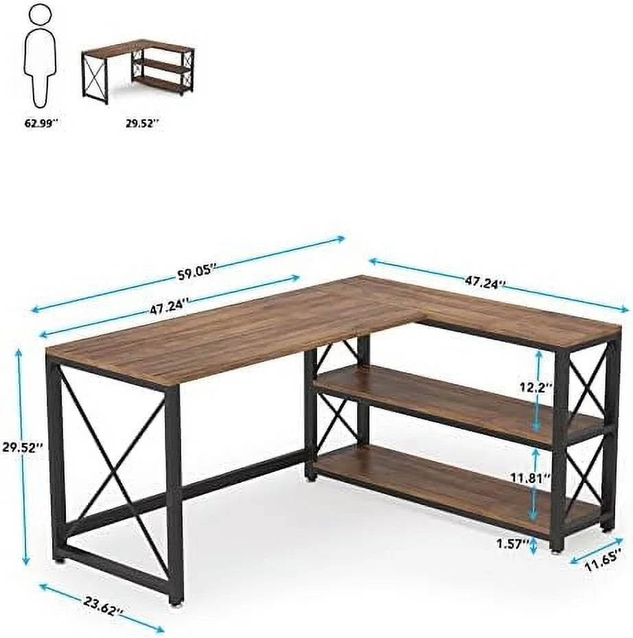 Reversible L-Shaped Corner Computer Desk with Shelves V910872