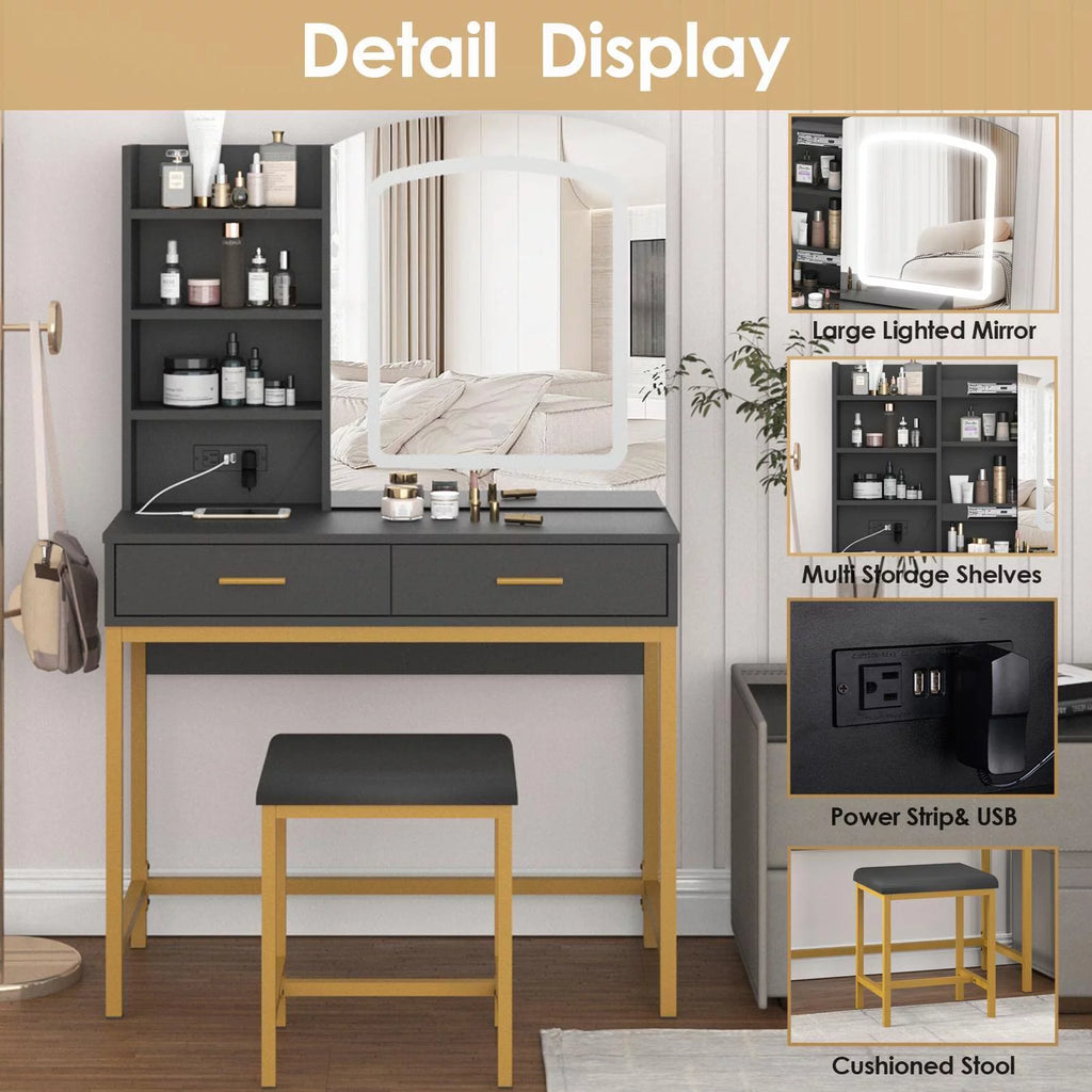 35 inch Vanity Desk with Lighted Mirror and Drawers R8120