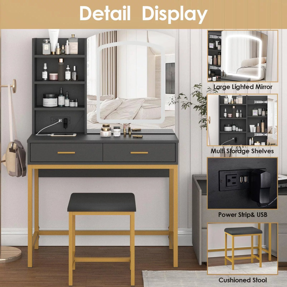 35 inch Vanity Desk with Lighted Mirror and Drawers R8120