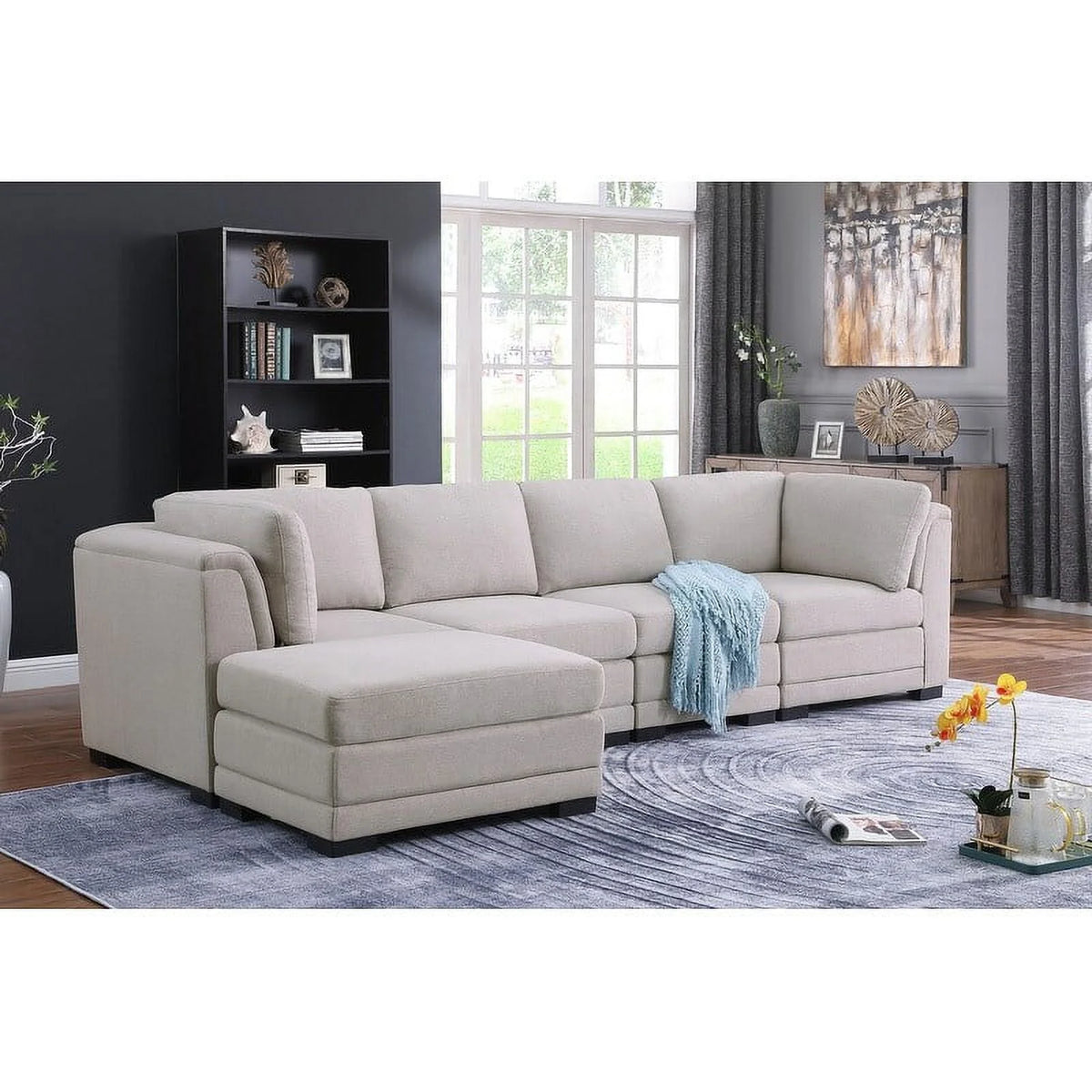 Light Gray Linen Reversible Sectional Sofa with Ottoman M68837