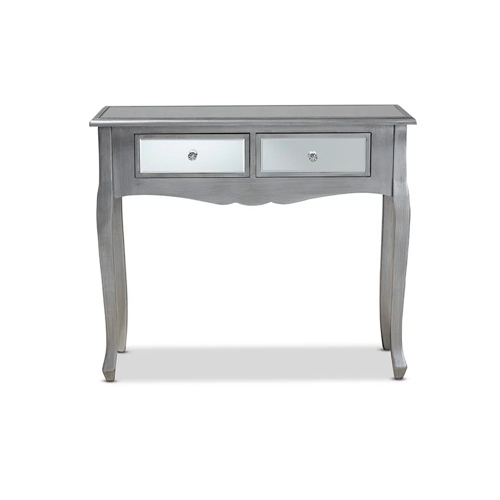 Brushed Wood and Mirrored Glass 2-Drawer Console Table V745