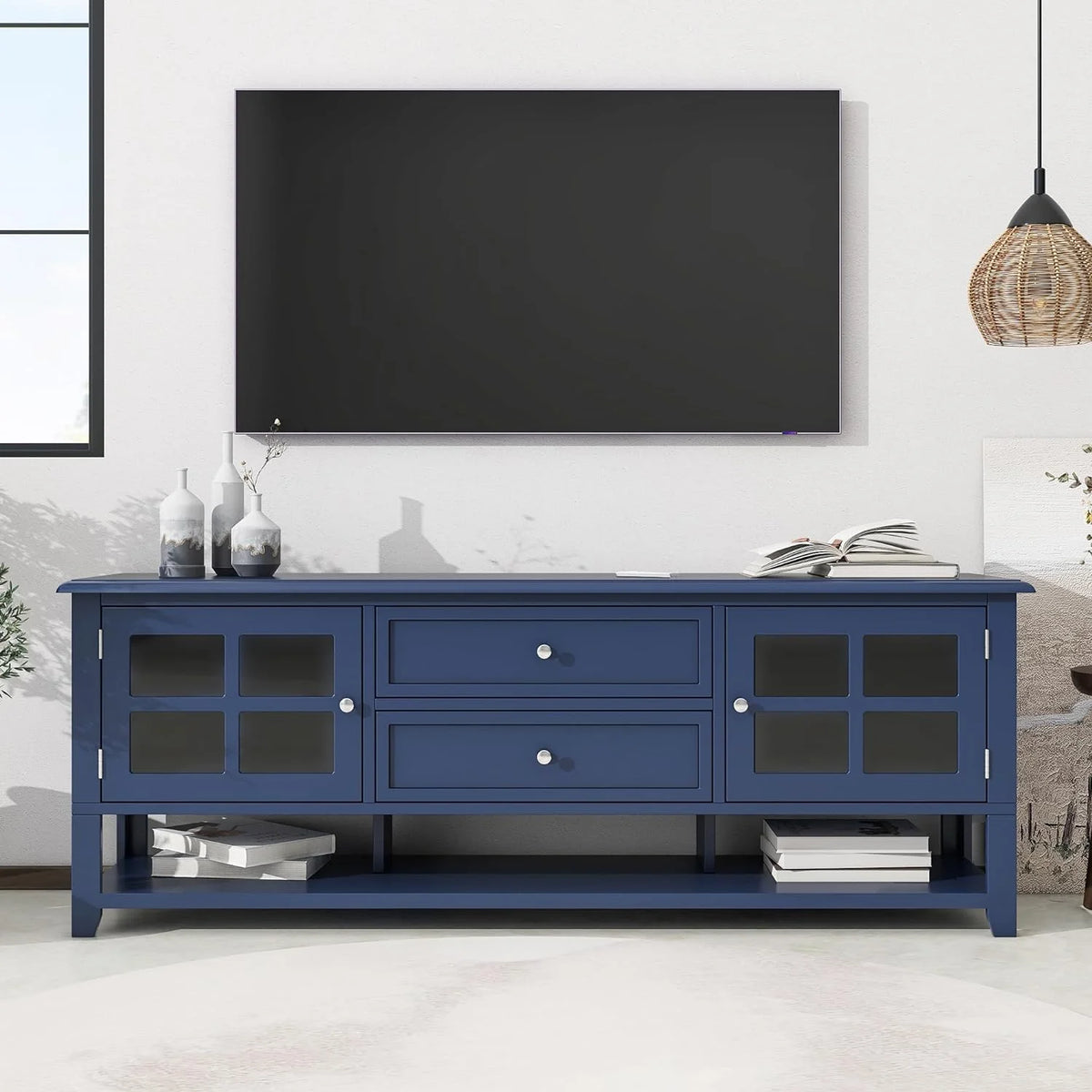 Blue TV Stand with 2 Drawers and Doors X613