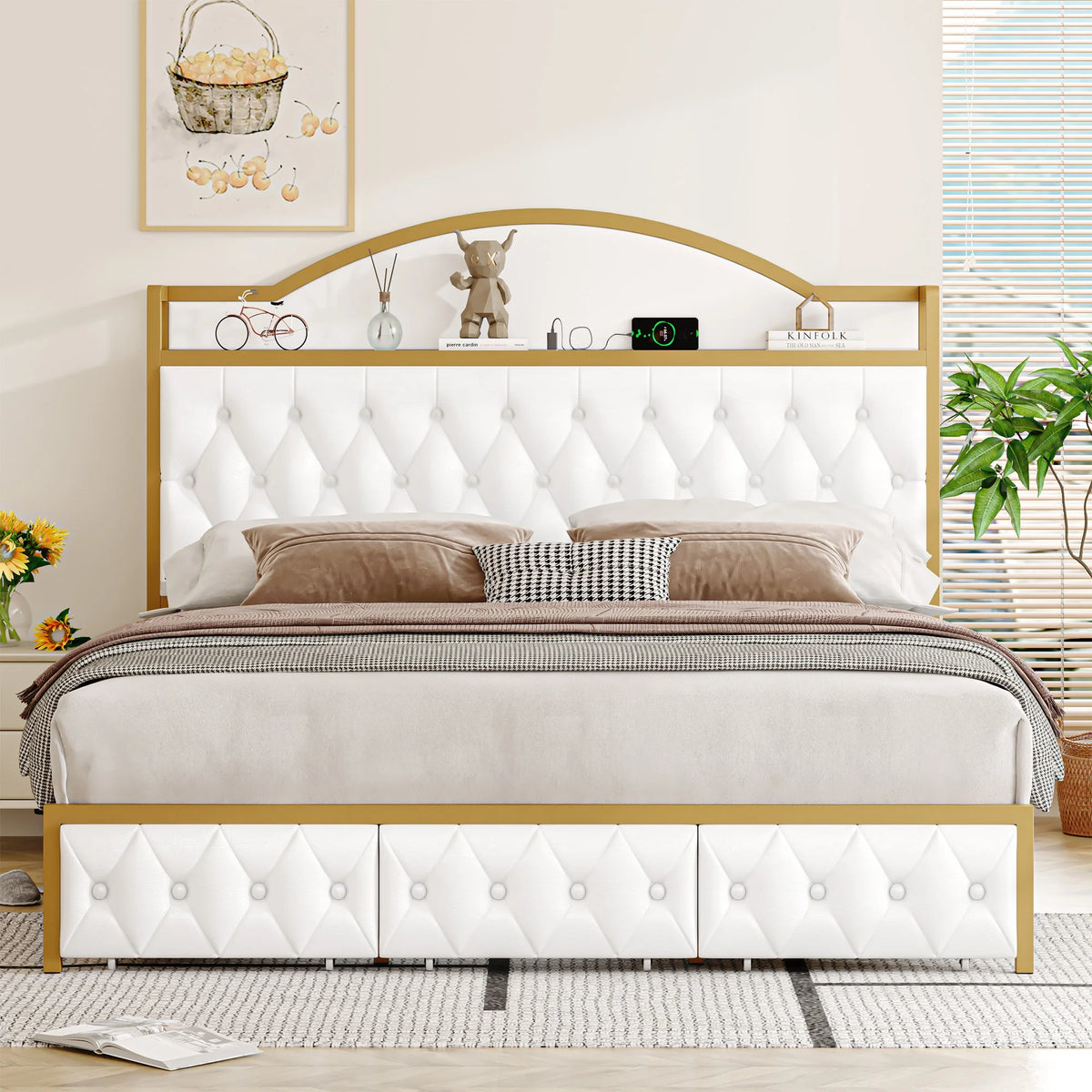 King Size PU Leather Platform Bed with 3 Storage Drawers C917878