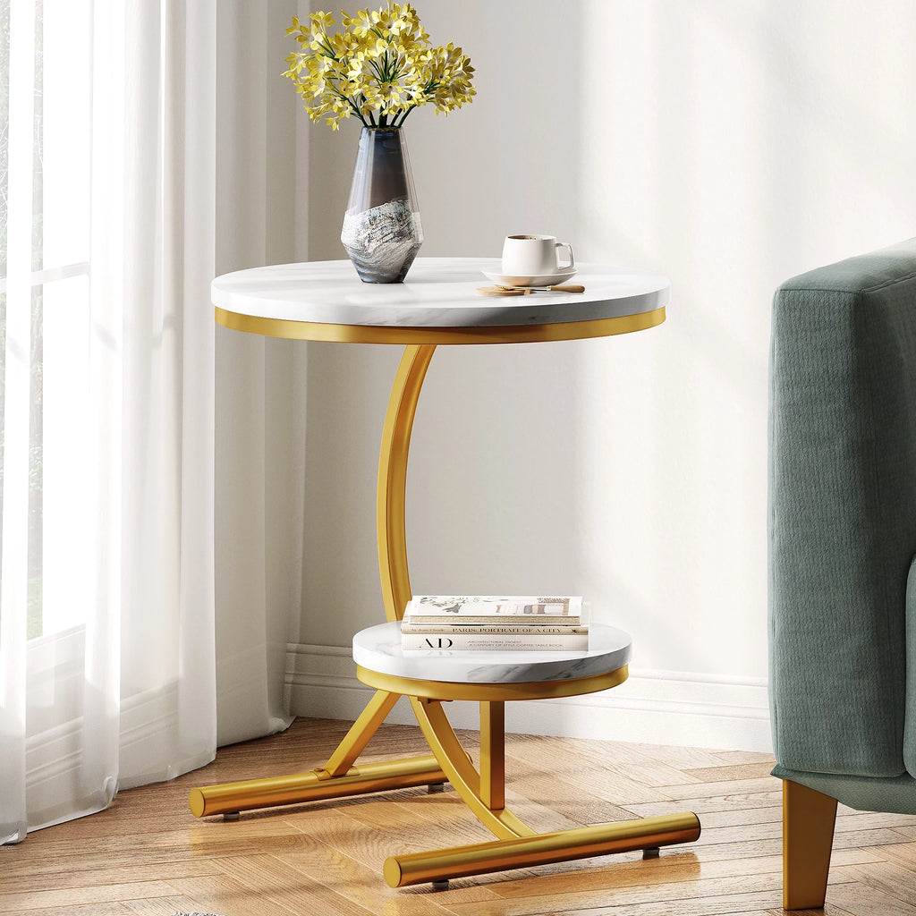 Round Faux Marble End Table with Storage Shelf O490985