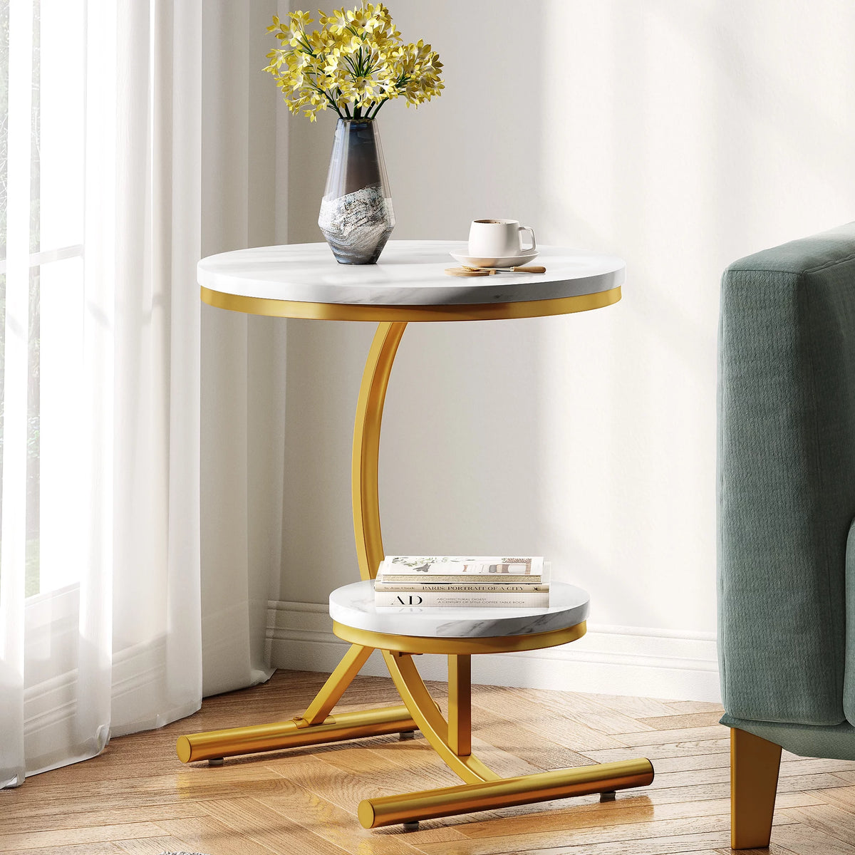Round Faux Marble End Table with Storage Shelf O490985