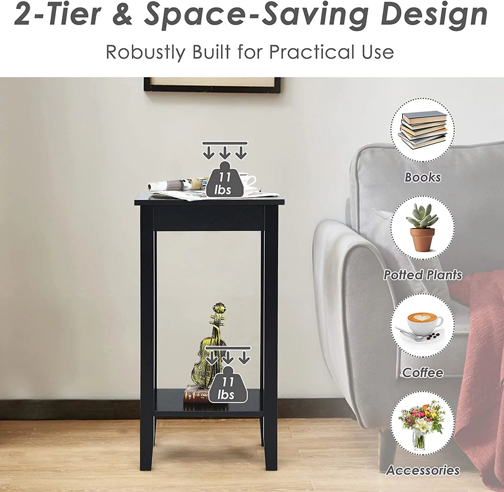Black 2-Tier End Table Set of 2 with Wooden Legs W48724
