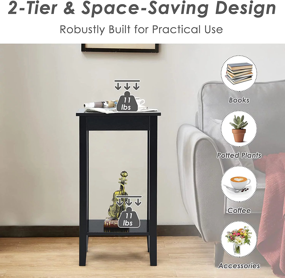 Black 2-Tier End Table Set of 2 with Wooden Legs W48724