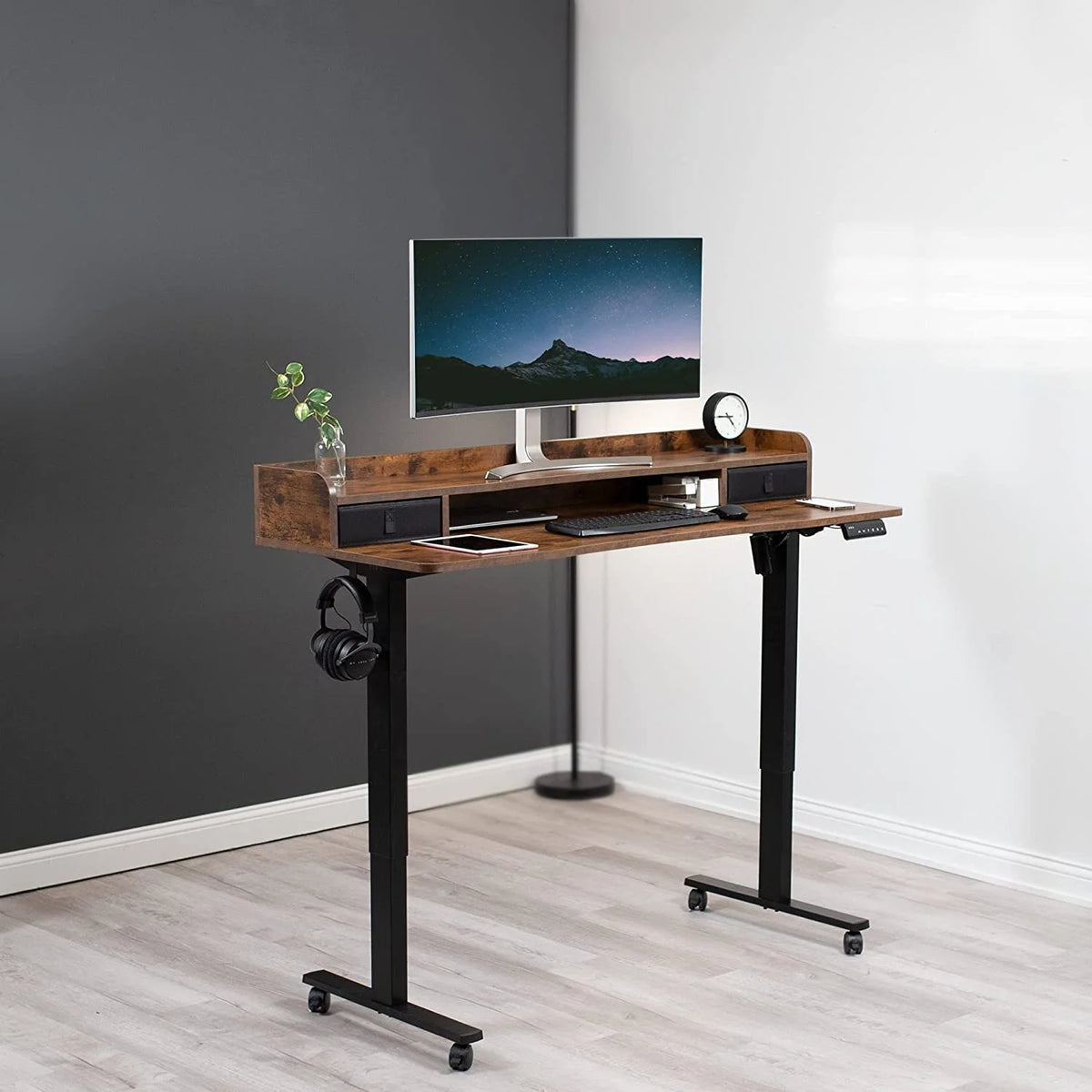 2-Tier Height Adjustable 60 X 24 Inch Stand Up Desk with Storage Drawers K898