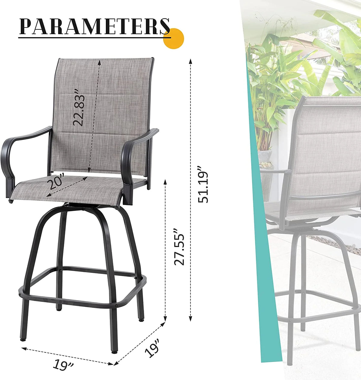 4 Pieces All Weather Padded Sling Textilene Swivel Bar Stools N405