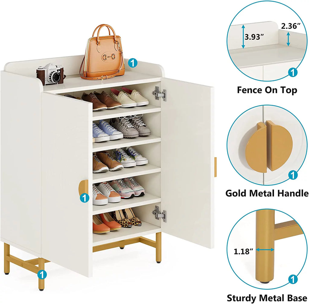 White Wood Shoe Storage Cabinet with Doors and Adjustable Shelves V6435