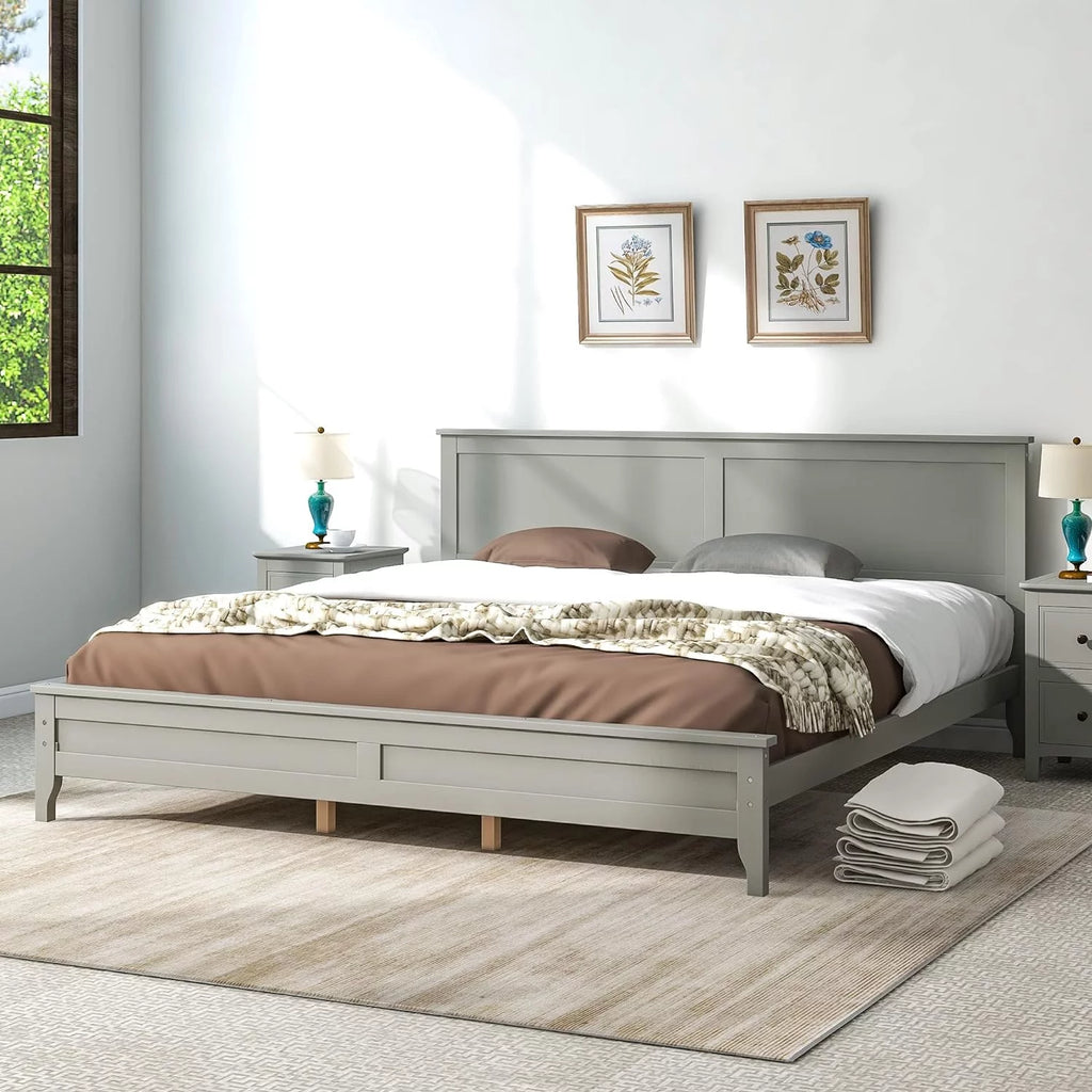 Gray Solid Wood Platform Bed Frame with Headboard F94418