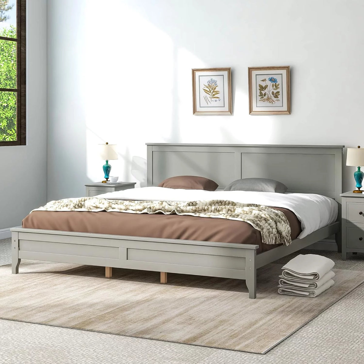 Gray Solid Wood Platform Bed Frame with Headboard F94418