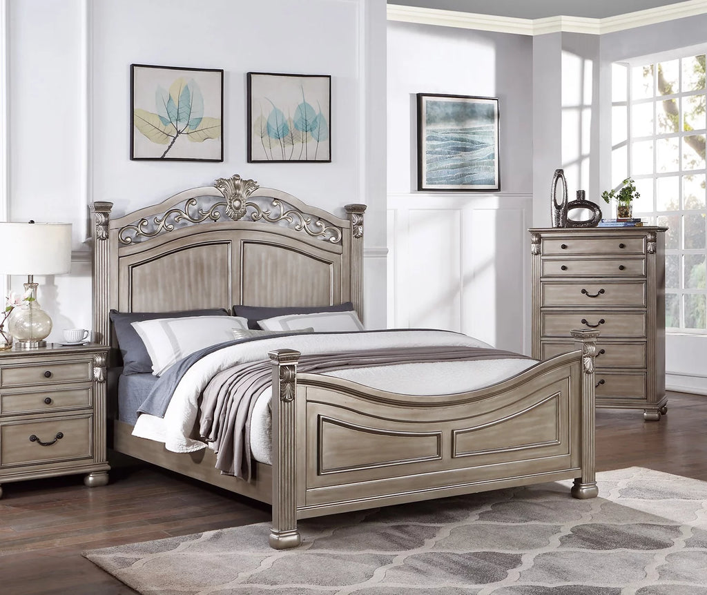 Eastern King Bed 2x Nightstands Grey Wood 3pc Set K3807