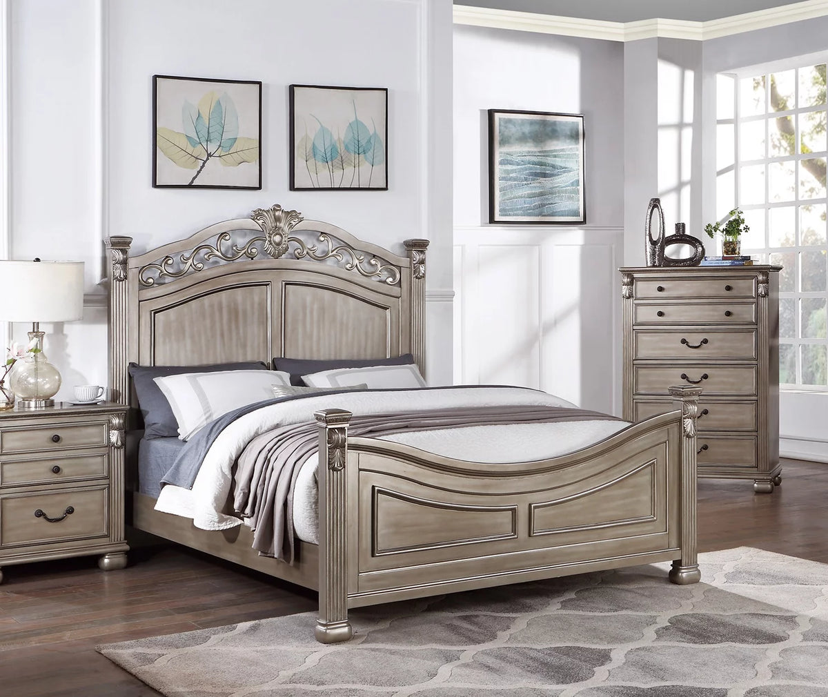 Eastern King Bed 2x Nightstands Grey Wood 3pc Set K3807