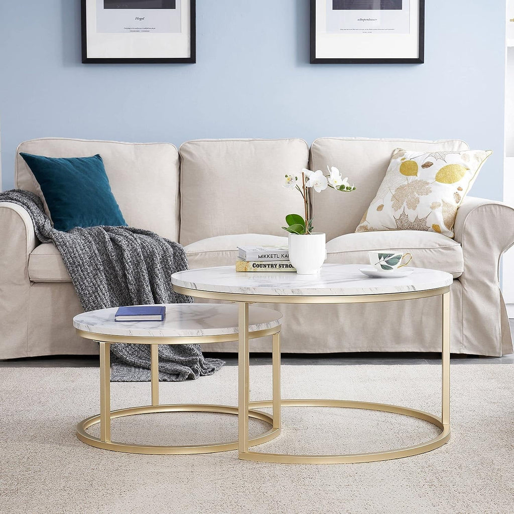 Round Nesting Coffee Tables Set of 2 Marble Black Metal V9914