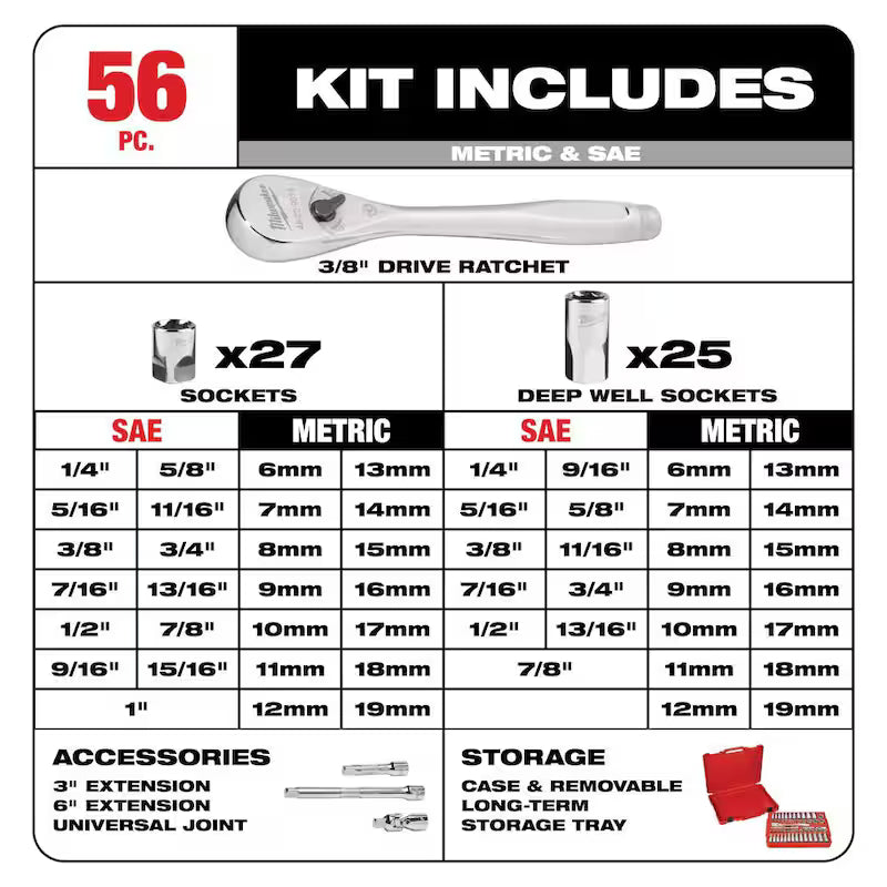 3/8 in. Drive SAE/Metric Ratchet and Socket Mechanics Tool Set (56 piece) & Screwdriver Set (6 piece) K351582