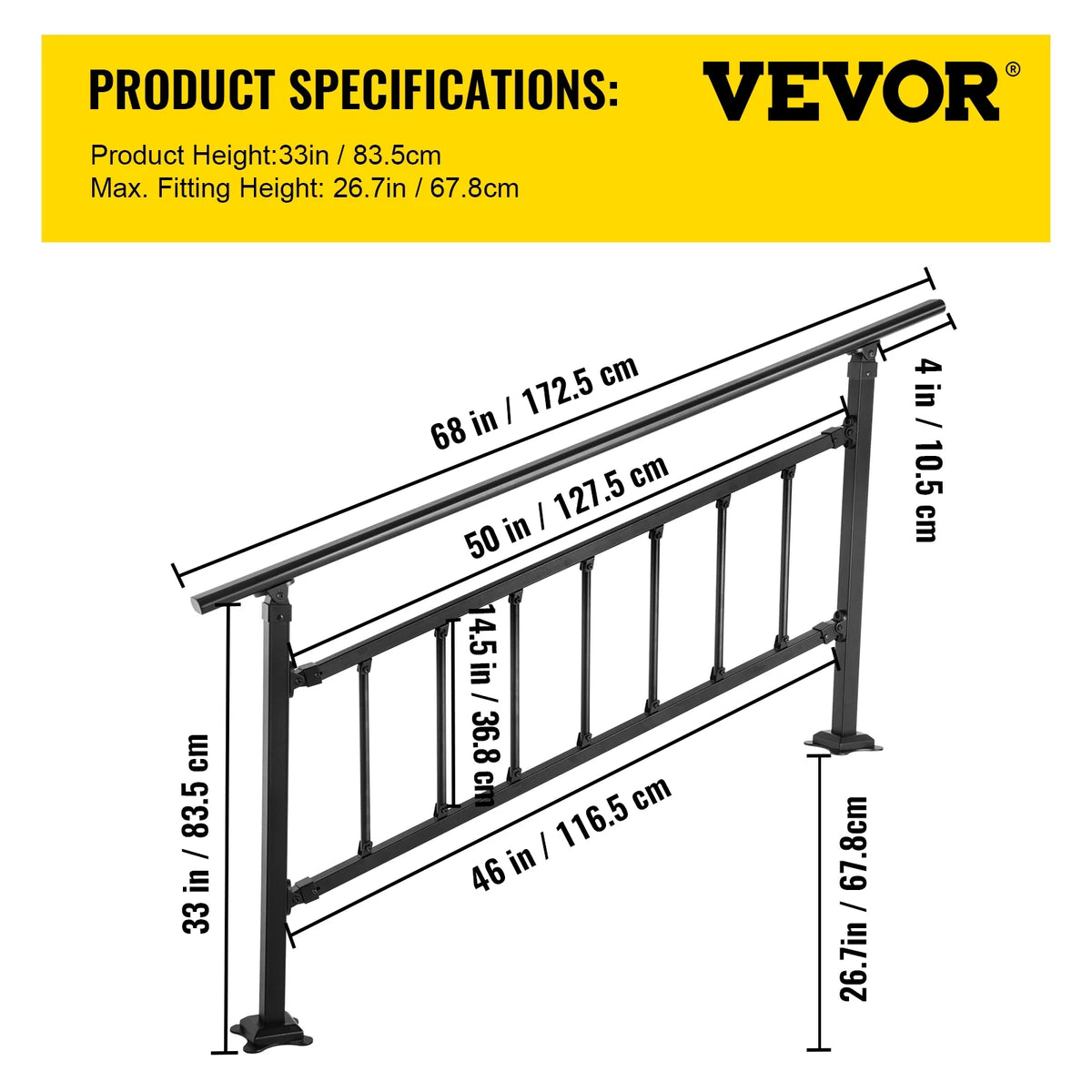 Outdoor Stair Handrail, Adjustable Wrought Iron, Matte Black B143998