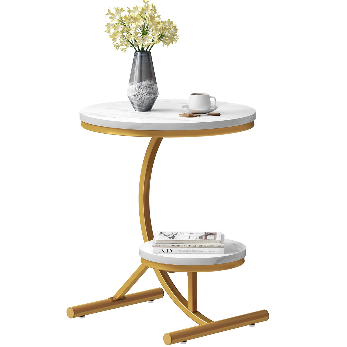 Round Faux Marble End Table with Storage Shelf O490985