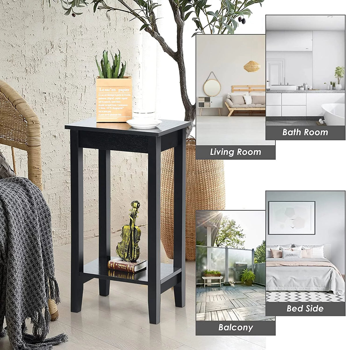Black 2-Tier End Table Set of 2 with Wooden Legs W48724