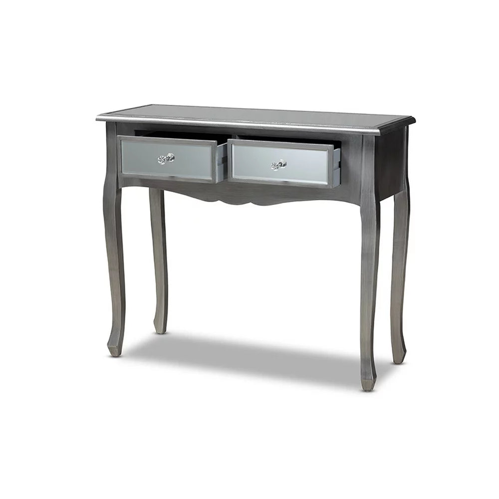 Brushed Wood and Mirrored Glass 2-Drawer Console Table V745