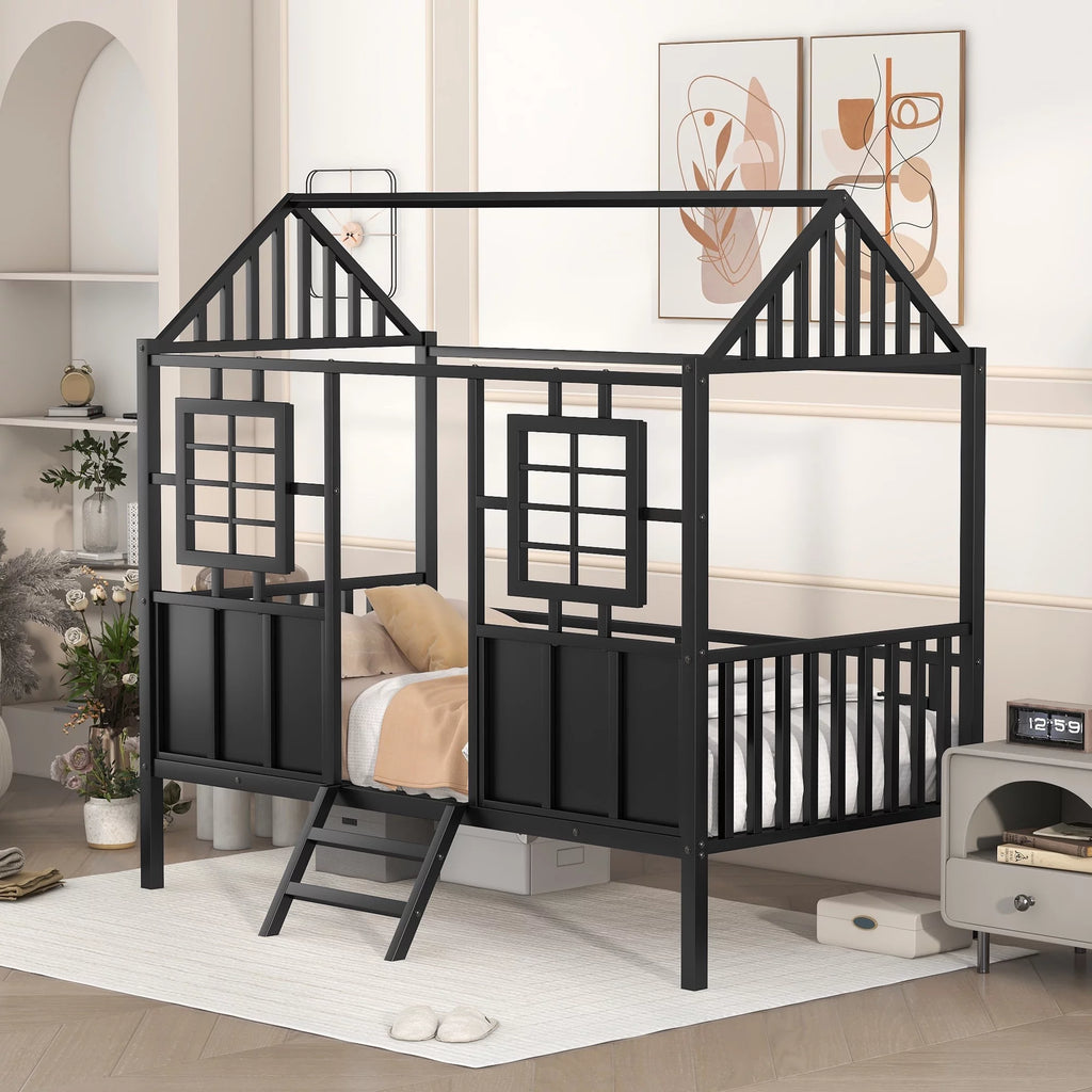 Black Metal Twin Low Loft Bed with House-Shaped Roof and Window J1859