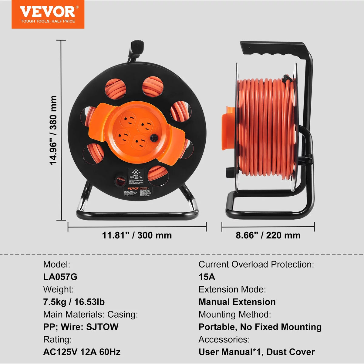 100FT 4 Outlets 12AWG Extension Cord Reel A828