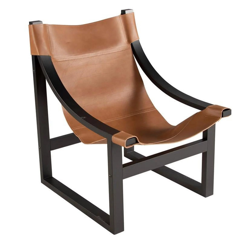 Natural Top Grain Leather Sling Chair with Solid Wood Frame in Black O4938