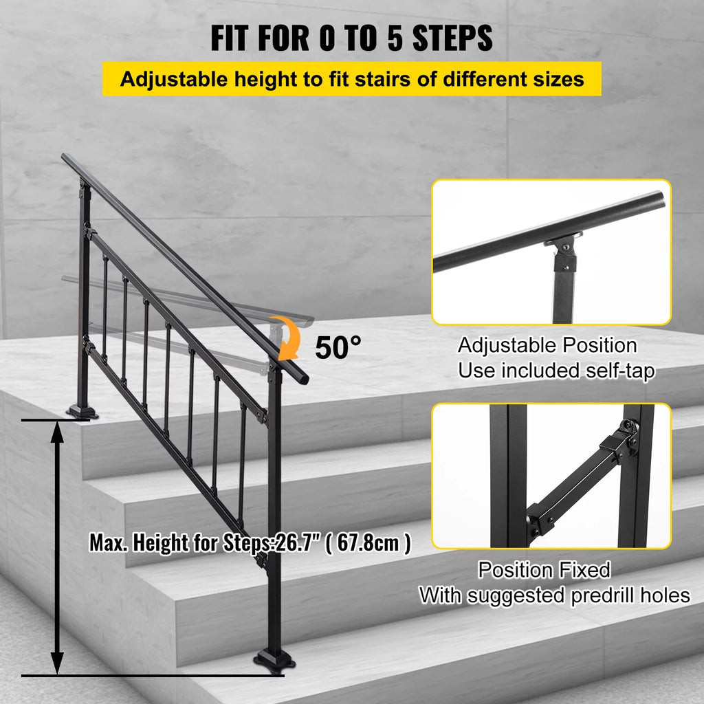 Outdoor Stair Handrail, Adjustable Wrought Iron, Matte Black B143998
