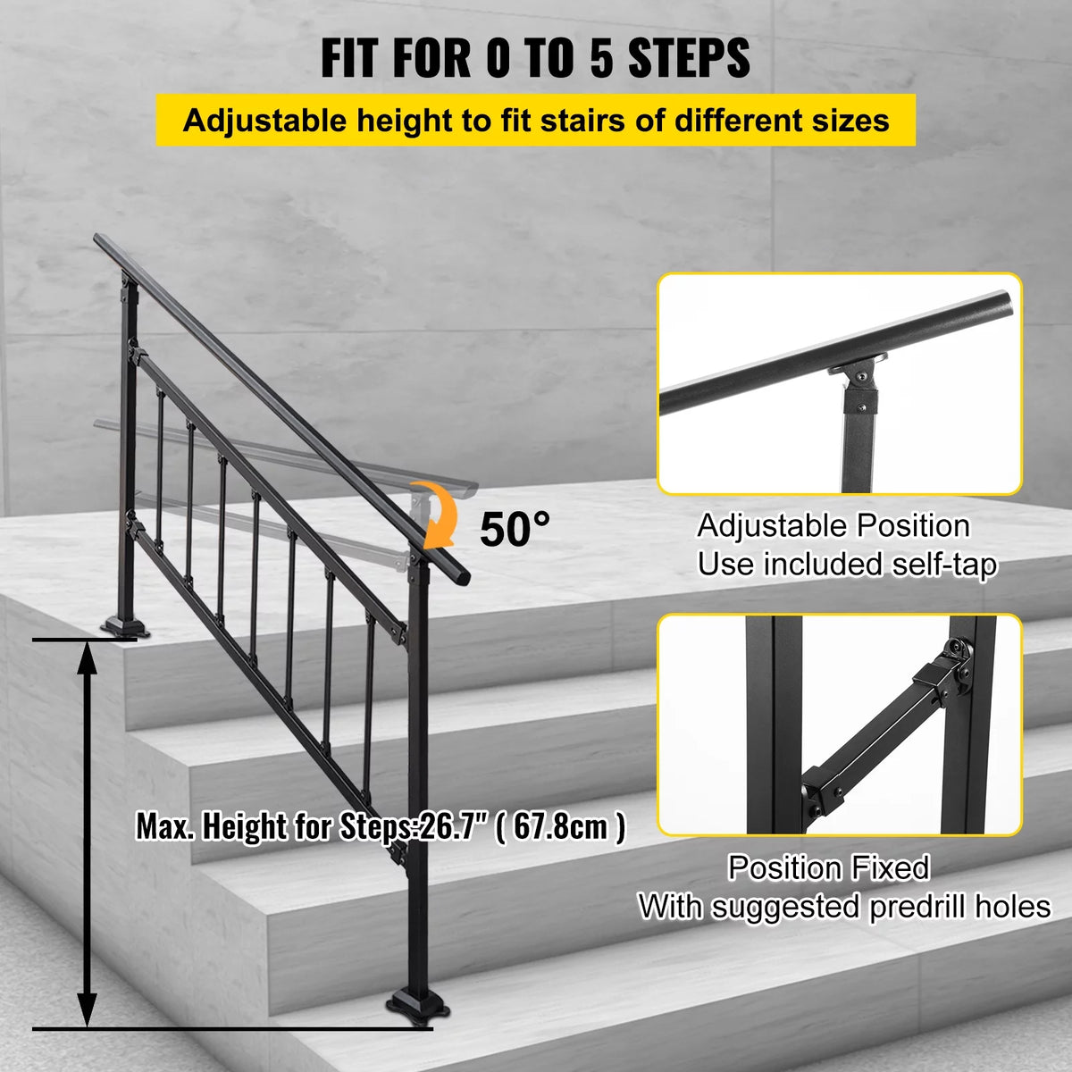 Outdoor Stair Handrail, Adjustable Wrought Iron, Matte Black B143998