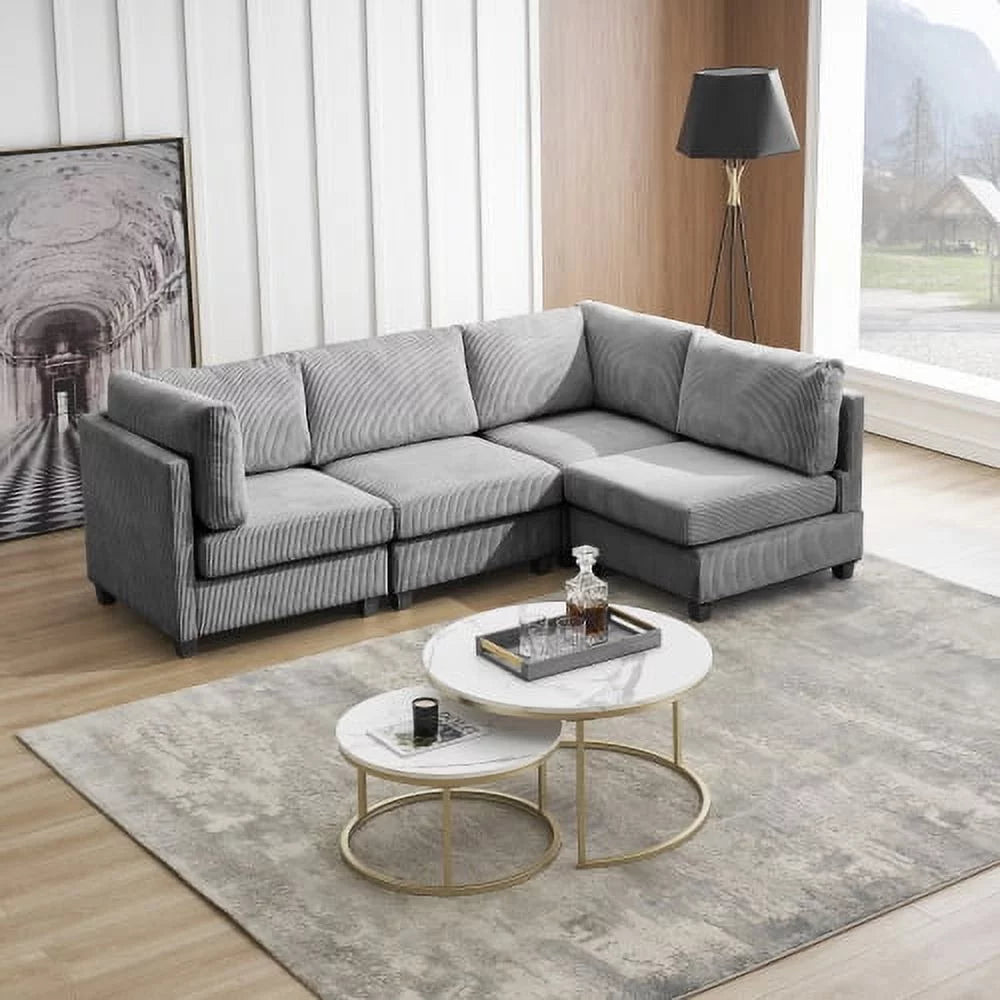 L-Shaped Grey Corduroy Sectional Sofa with Chaise Q9990