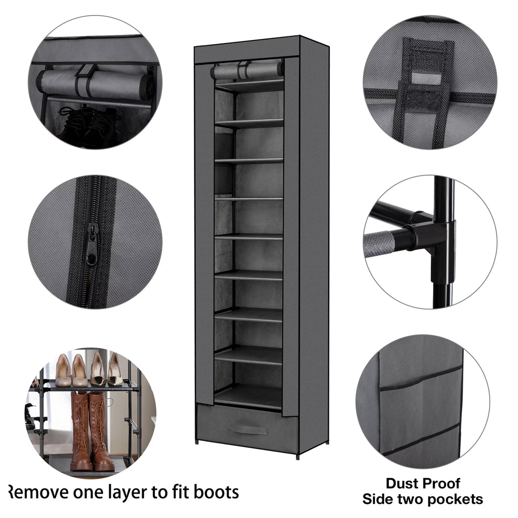 10 Tier Grey Shoe Rack with Storage Box E999