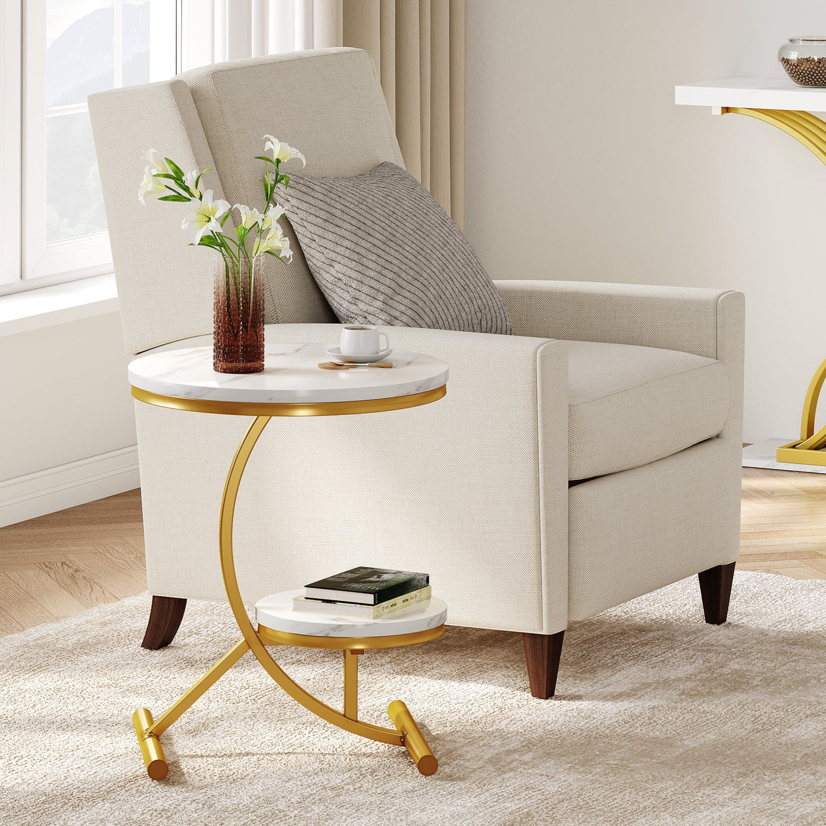 Round Faux Marble End Table with Storage Shelf O490985