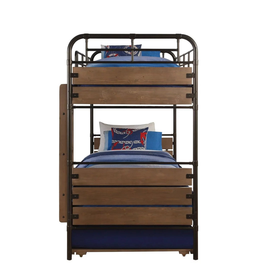 Antique Oak And Gunmetal Twin Over Twin Bunk Bed I3449