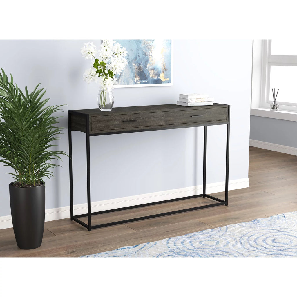 48"L 2-Drawers Black Metal Console Table Dark Grey Wood G8468