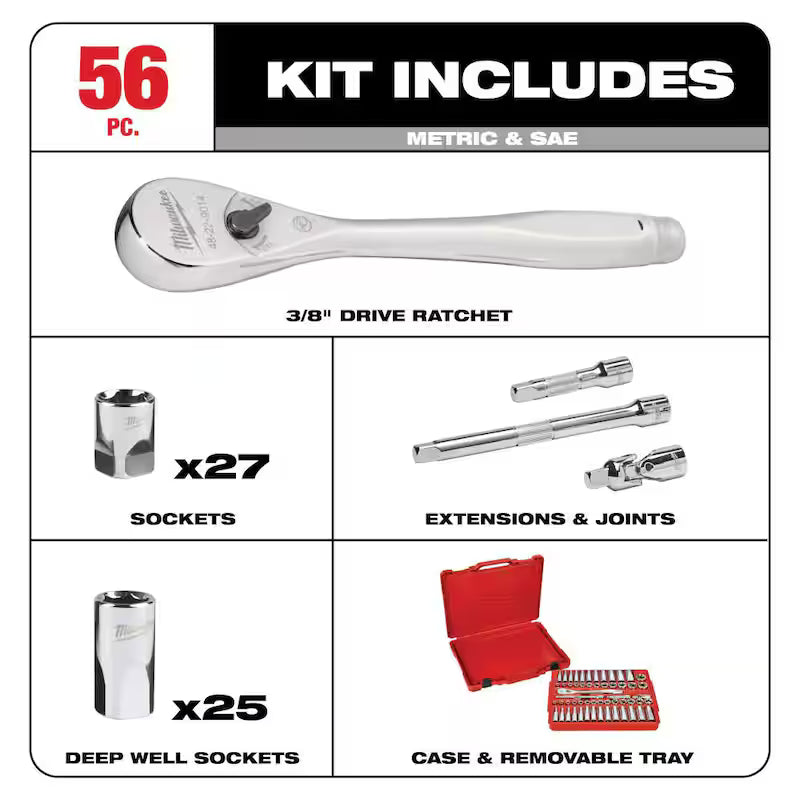 3/8 in. Drive SAE/Metric Ratchet and Socket Mechanics Tool Set (56 piece) & Screwdriver Set (6 piece) K351582