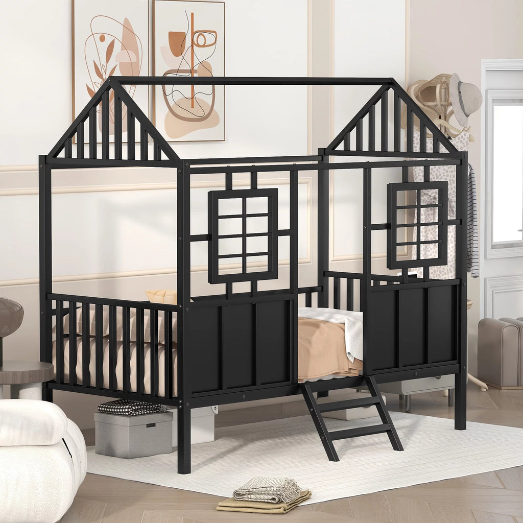 Black Metal Twin Low Loft Bed with House-Shaped Roof and Window J1859