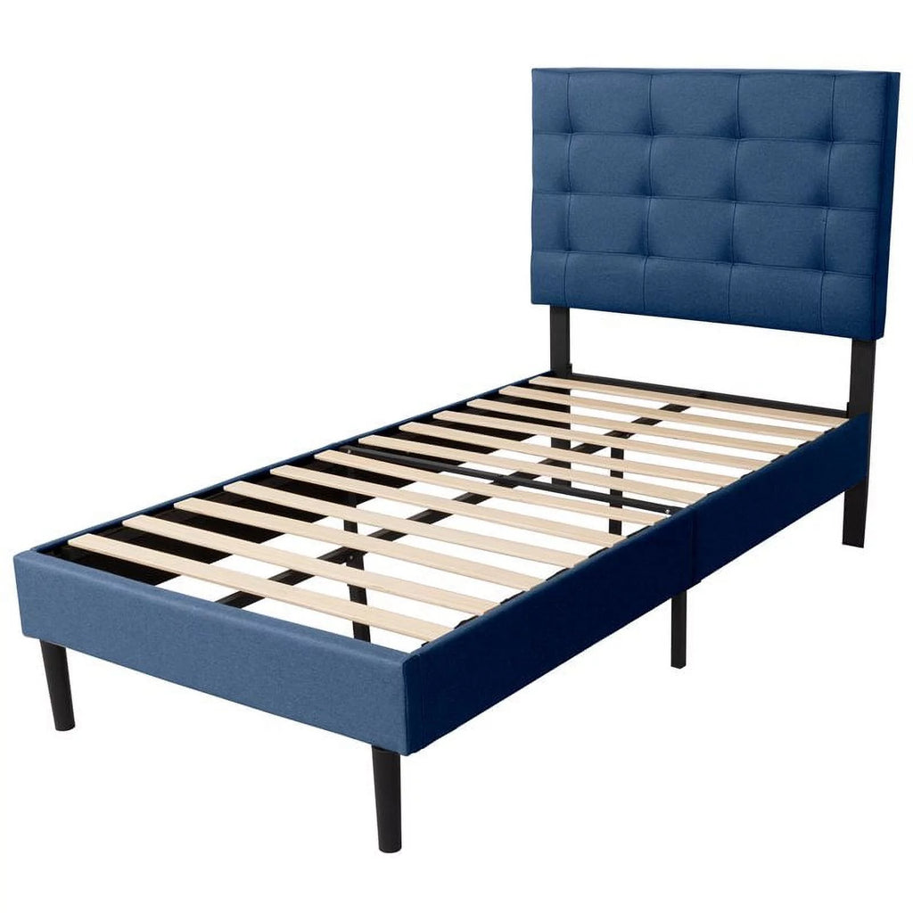Dark Blue Tufted Fabric Twin LED Panel Bed M13791