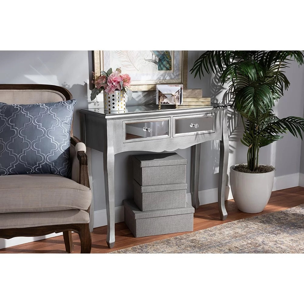 Brushed Wood and Mirrored Glass 2-Drawer Console Table V745