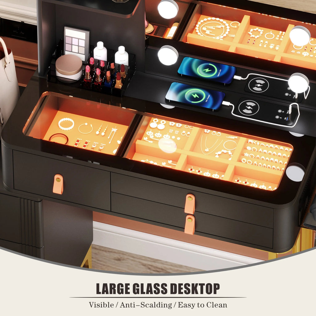 Black Makeup Vanity Desk Set with Mirror and Led Lights R44632