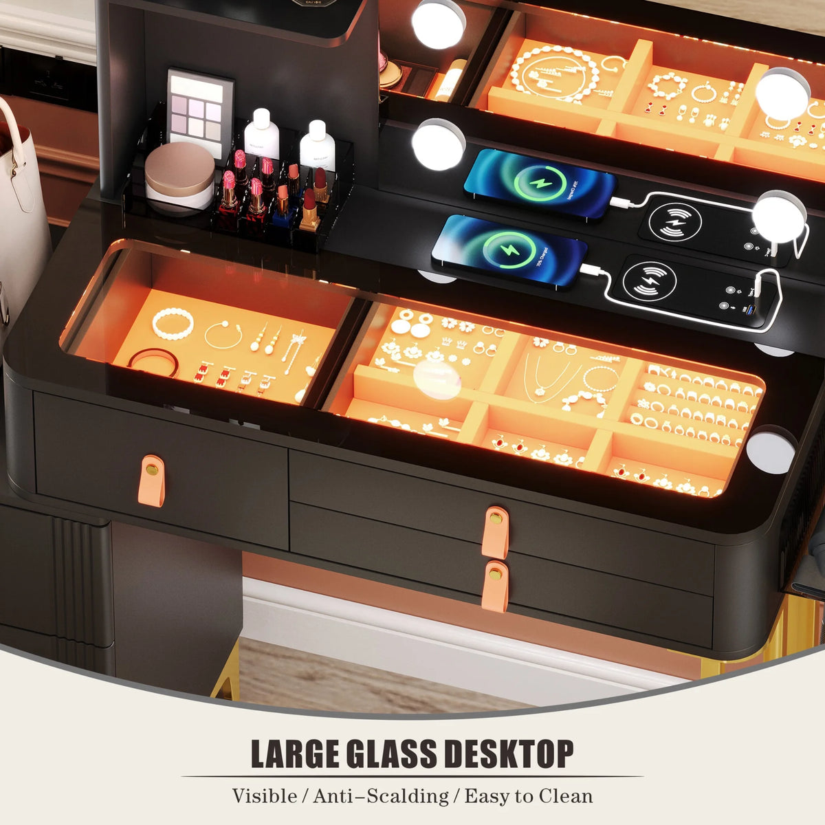 Black Makeup Vanity Desk Set with Mirror and Led Lights R44632