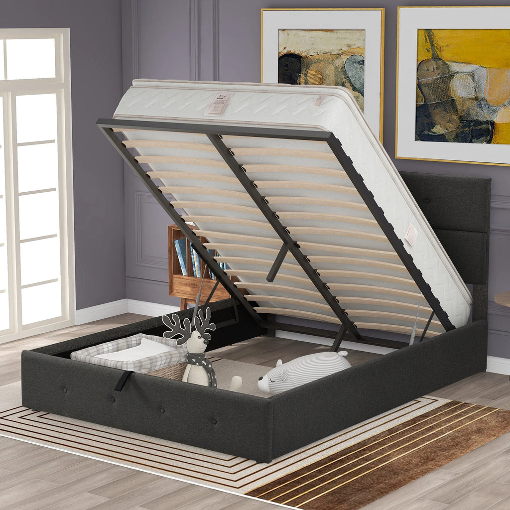 Gray Queen Size Upholstered Lift Up Platform Bed with Headboard and Underneath Storage Y52360