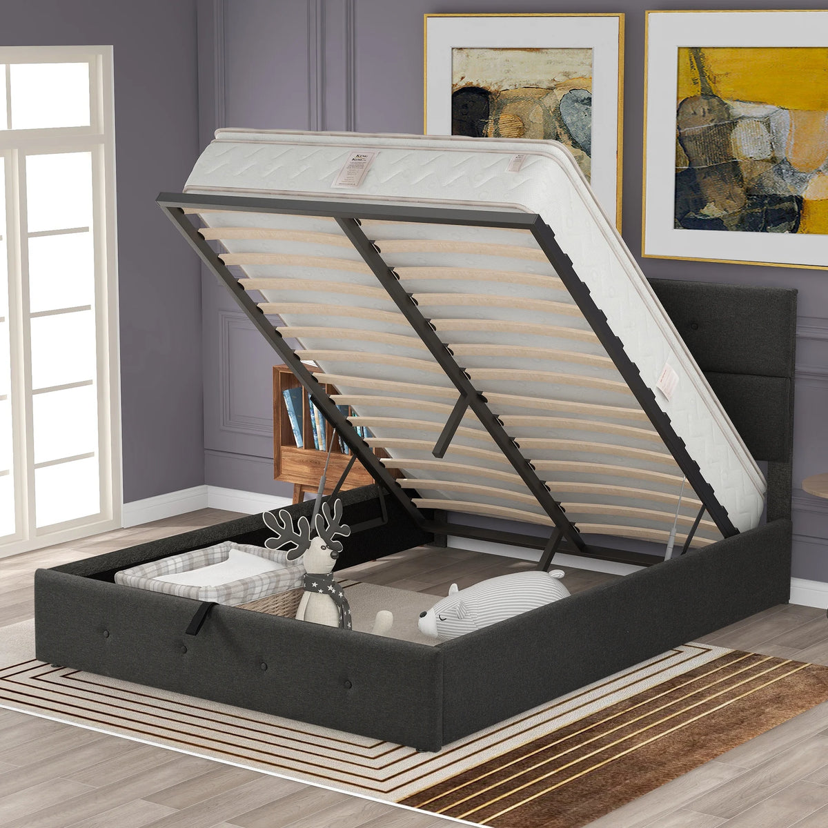Gray Queen Size Upholstered Lift Up Platform Bed with Headboard and Underneath Storage Y52360