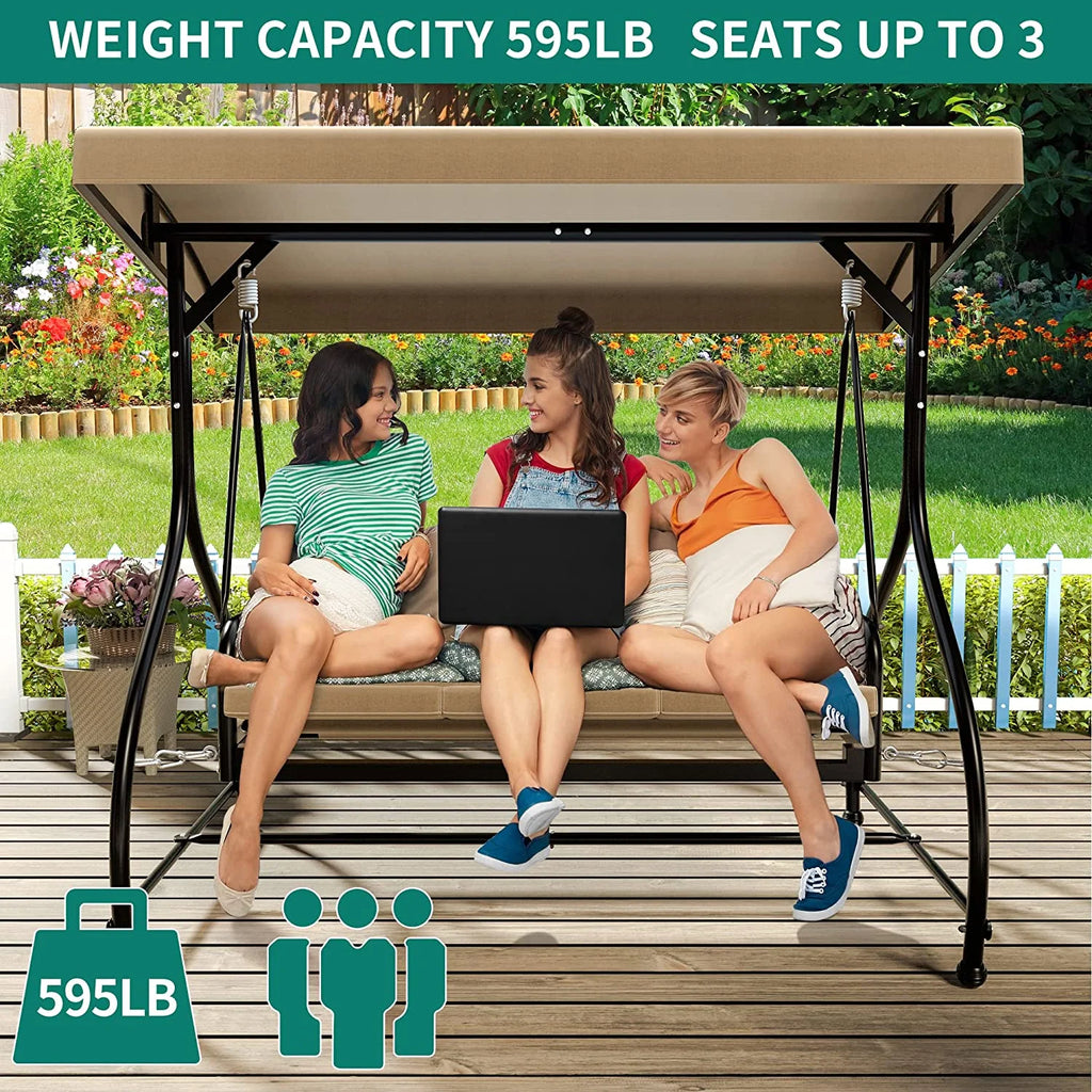 3 Person Outdoor Swing Chair with Adjustable Canopy and Cushion M573502