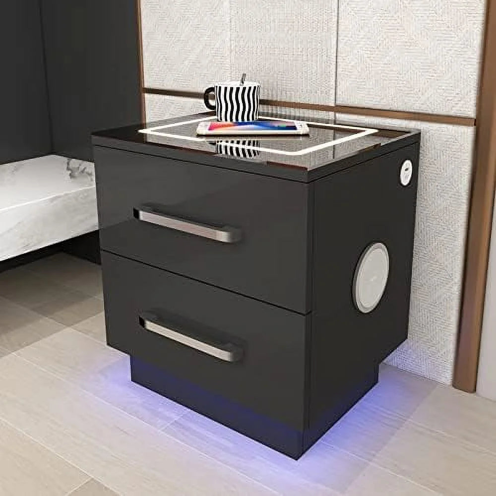 Black Nightstand with Charging Station and Drawers L645