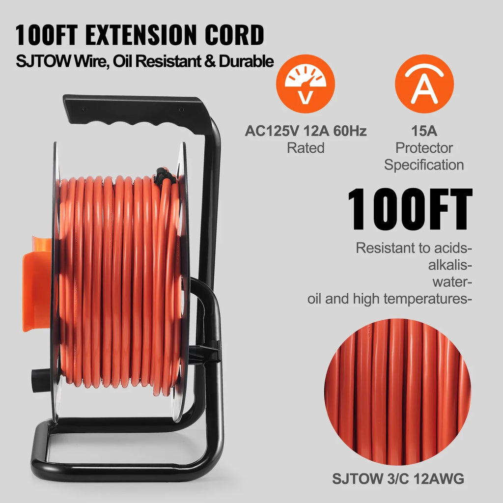 100FT 4 Outlets 12AWG Extension Cord Reel A828