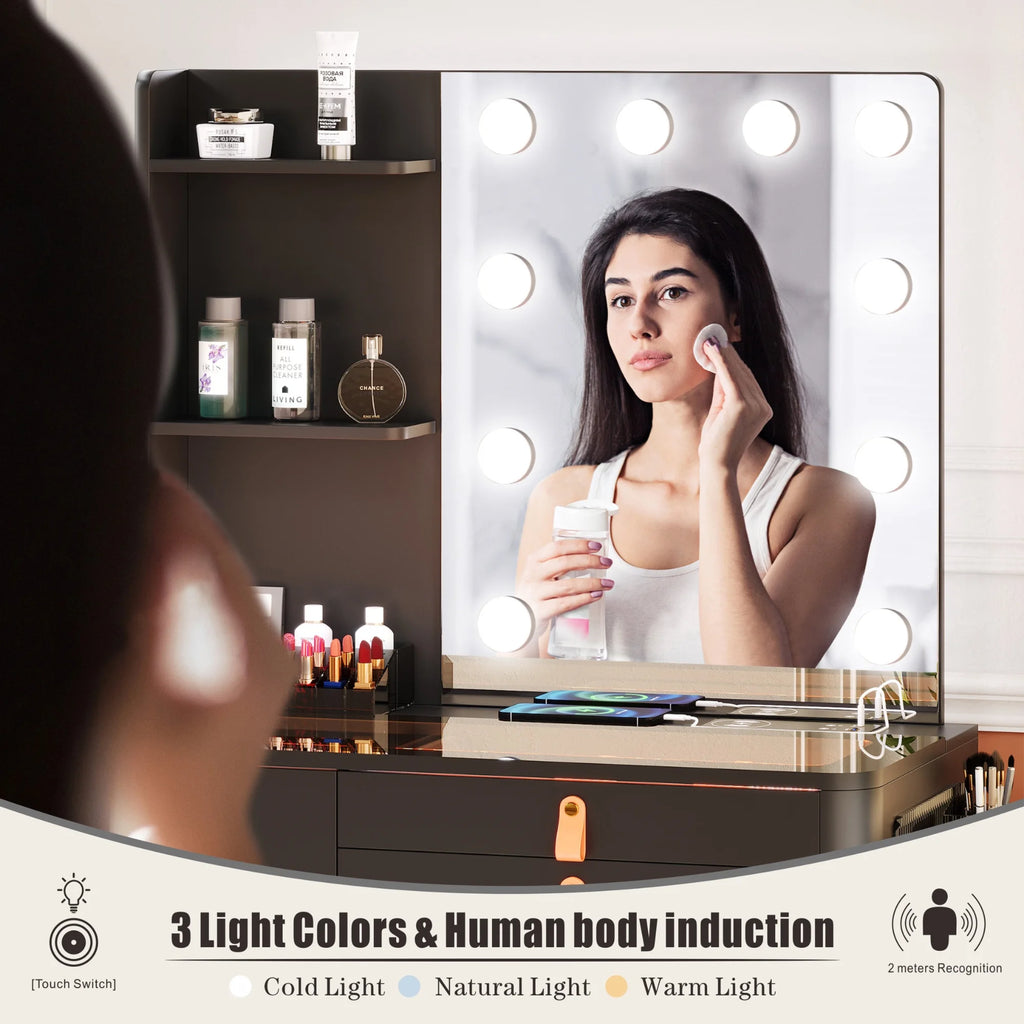 Black Makeup Vanity Desk Set with Mirror and Led Lights R44632